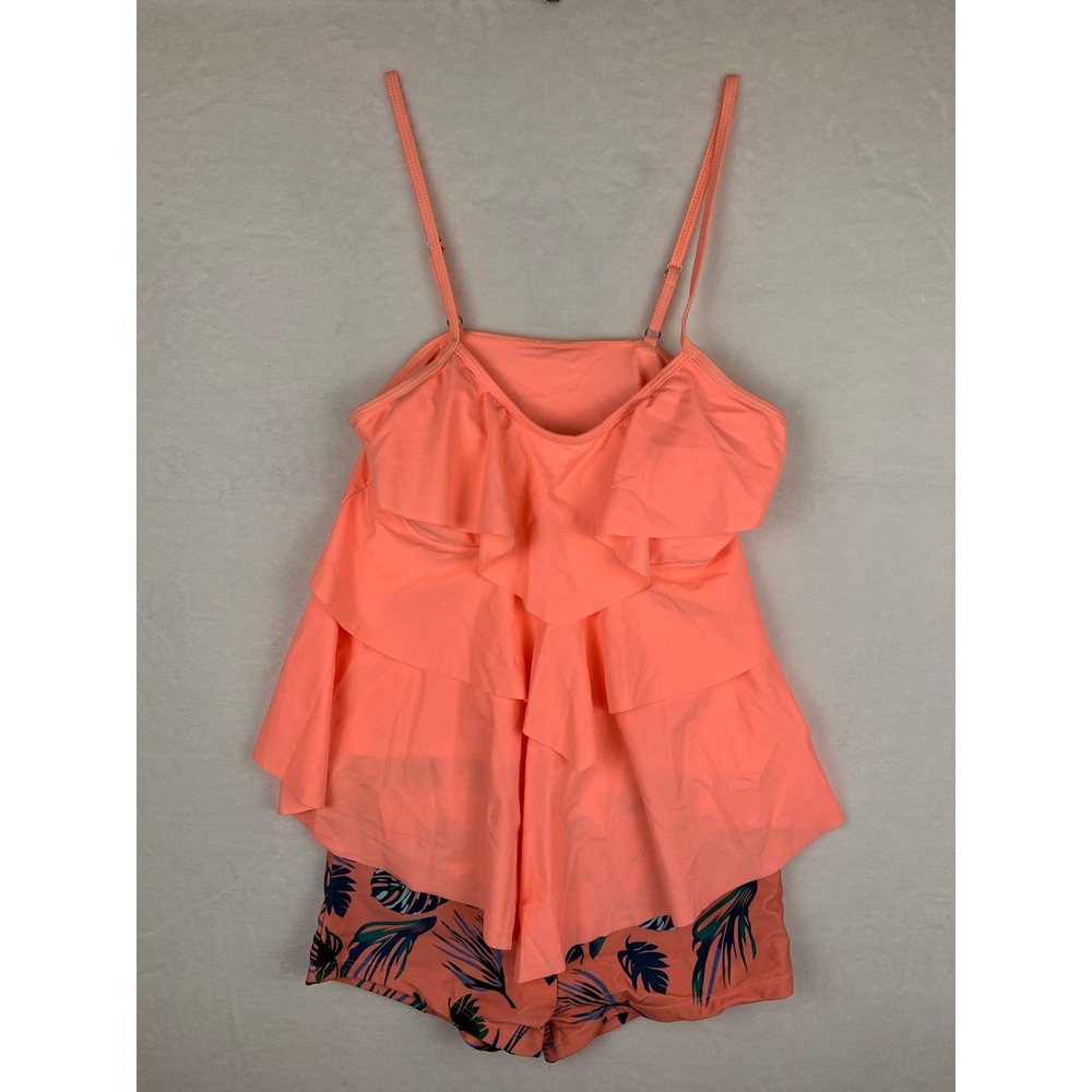 NWOT Coral Tropical Print Boyshort Tankini Ruffle Layer Swimsuit Set Medium